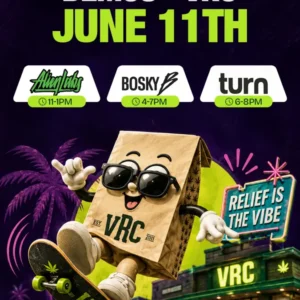VRC dispensary multi-brand demo day flyer for June 11th featuring Alien Labs, Bosky, and Turn, with the VRC bag mascot skateboarding in front of the lit storefront