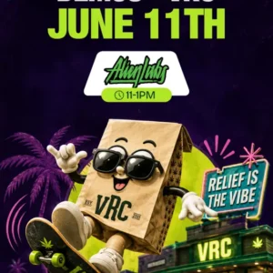 VRC dispensary promo flyer featuring Alien Labs brand demo event on June 11th, with a cartoon paper bag mascot skateboarding in front of VRC store