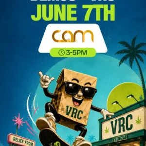 VRC dispensary CAM brand demo event flyer, June 7th, 3 to 5PM, featuring the VRC paper bag mascot skateboarding in front of the store.