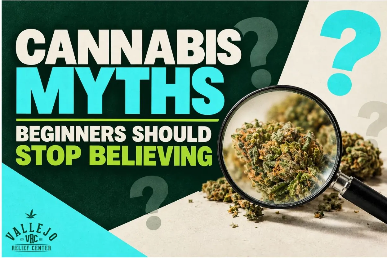 Cannabis bud viewed through a magnifying glass against green, cream, and teal panels with question marks, for VRC’s guide to myths beginners should stop believing