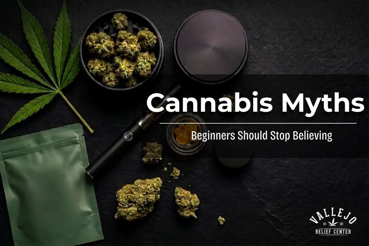 vrc-cannabis-myths-hero-image Blog image about cannabis myths beginners should stop believing — cannabis flower, vape pen, concentrate, and grinder displayed on dark background at Vallejo Relief Center