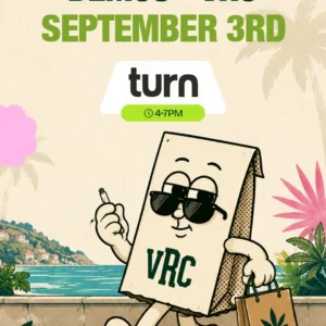 Strolling past palm trees with a joint lit, the VRC mascot carries word of the Turn brand demo on September 3rd, 4 to 7PM.