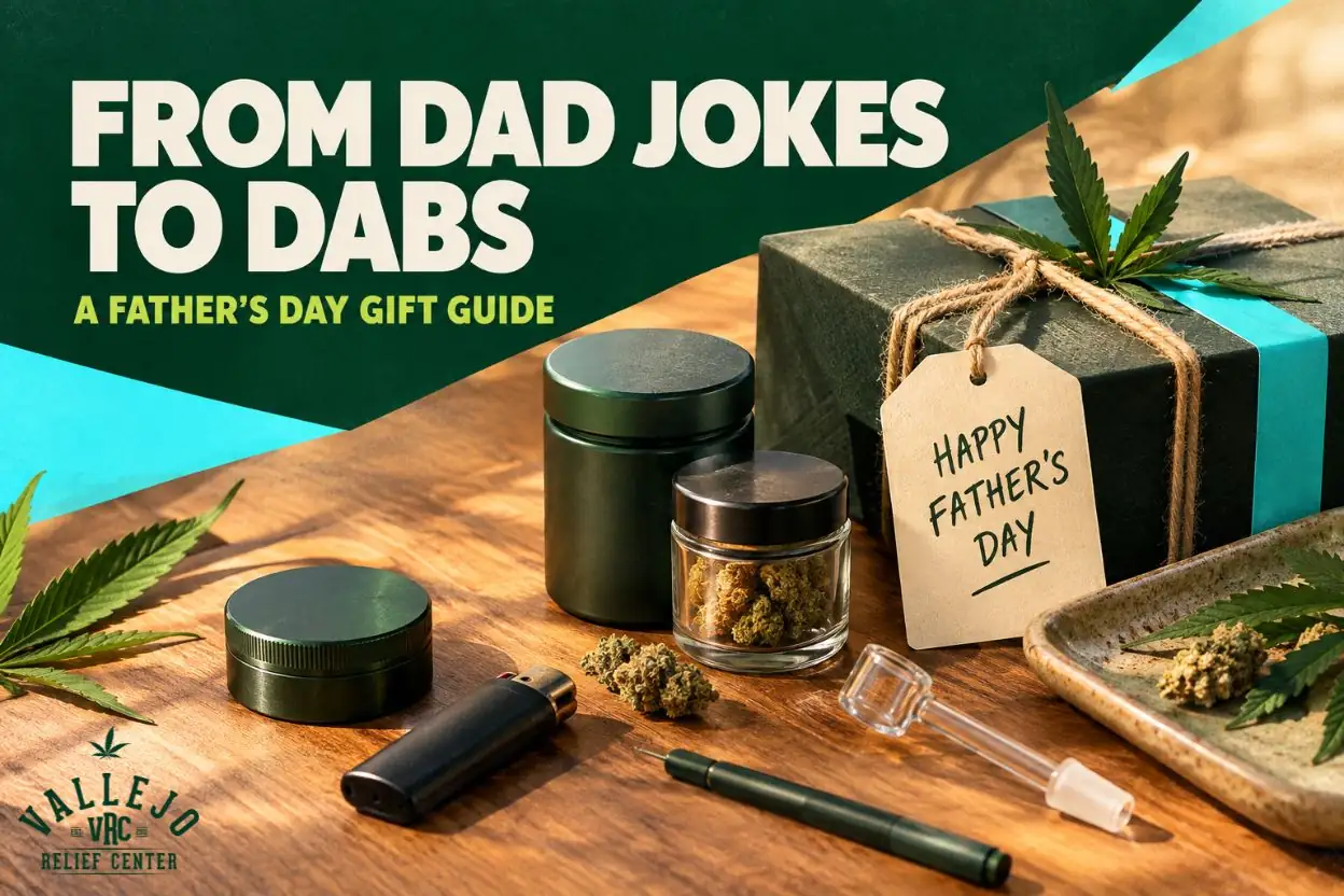 “From Dad Jokes to Dabs” Father’s Day gift guide image showing a wrapped present with a handwritten tag, a grinder, a lighter, and a jar of cannabis flower on a sunlit wooden table