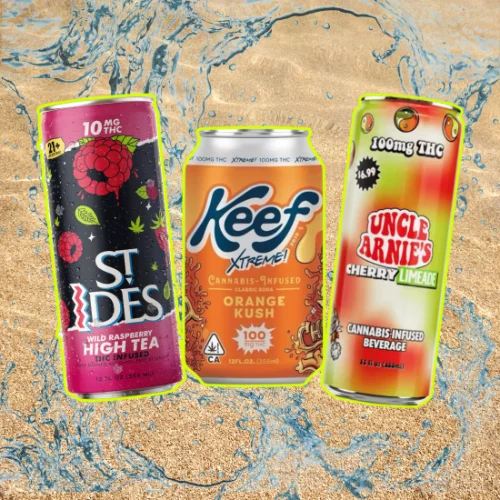 vrc-landing-page-drinks-highlights St. Ides Wild Raspberry High Tea, Keef Xtreme Orange Kush, and Uncle Arnie's Cherry Limeade THC-infused beverages at VRC