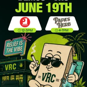 Brand demo event flyer for VRC Vallejo. Preferred Gardens 12 to 3PM and Papa's Herb 4 to 7PM on June 19th, featuring the VRC mascot bag