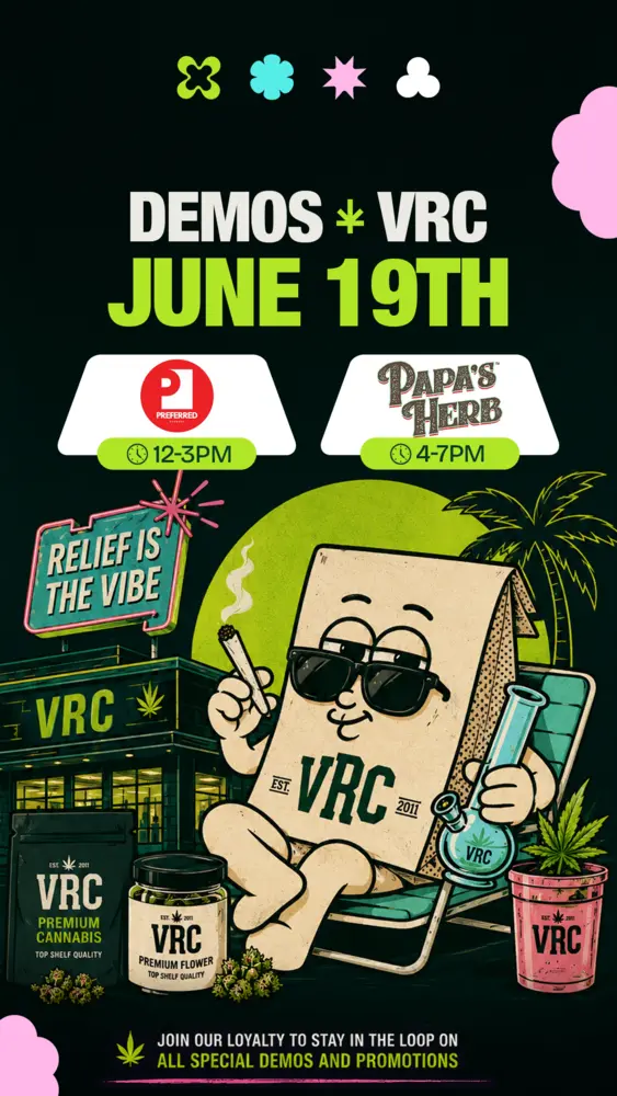 Brand demo event flyer for VRC Vallejo. Preferred Gardens 12 to 3PM and Papa's Herb 4 to 7PM on June 19th, featuring the VRC mascot bag