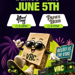 VRC cannabis dual brand demo event June 5th with Wizard Trees and Papa's Herb, showcasing animated VRC mascot skating