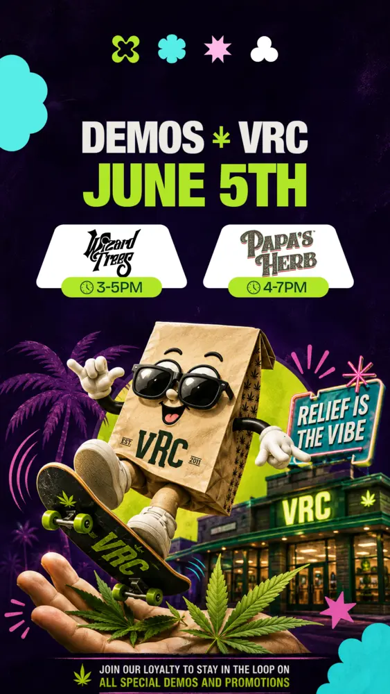 VRC cannabis dual brand demo event June 5th with Wizard Trees and Papa's Herb, showcasing animated VRC mascot skating