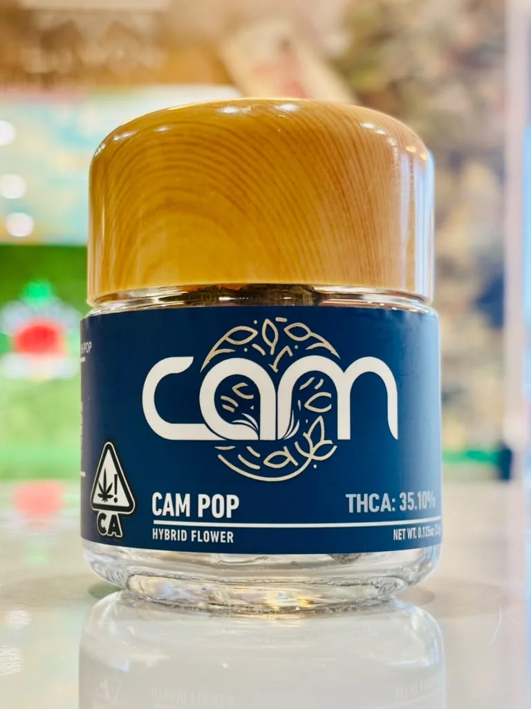 Cam Pop hybrid flower jar with 35.10% THCA at Vallejo Relief Center dispensary as one of the budtenders picks for August
