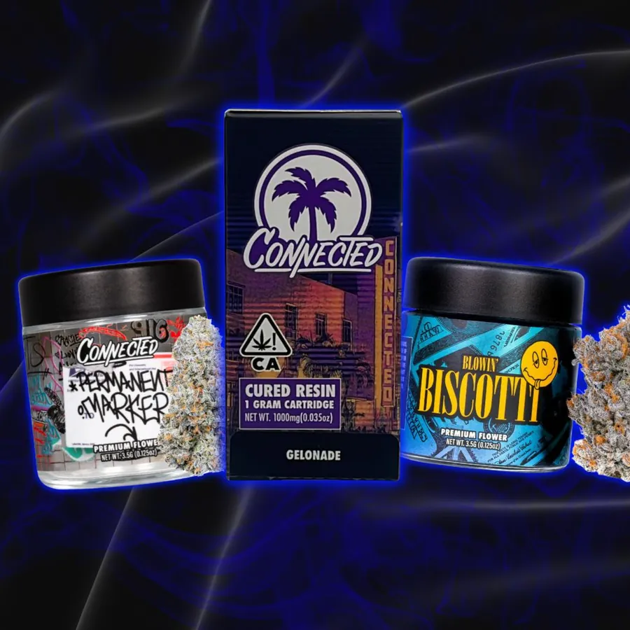 vrc-connected-landing-page-featured-products Connected Cannabis Permanent Marker jar, Gelonade cured resin cartridge, and Biscotti flower available at VRC in Vallejo