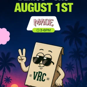 MADE at Vallejo Relief Center, August 1st, 3 to 6PM with the VRC paper bag mascot flashes a peace sign under a neon palm sunset.