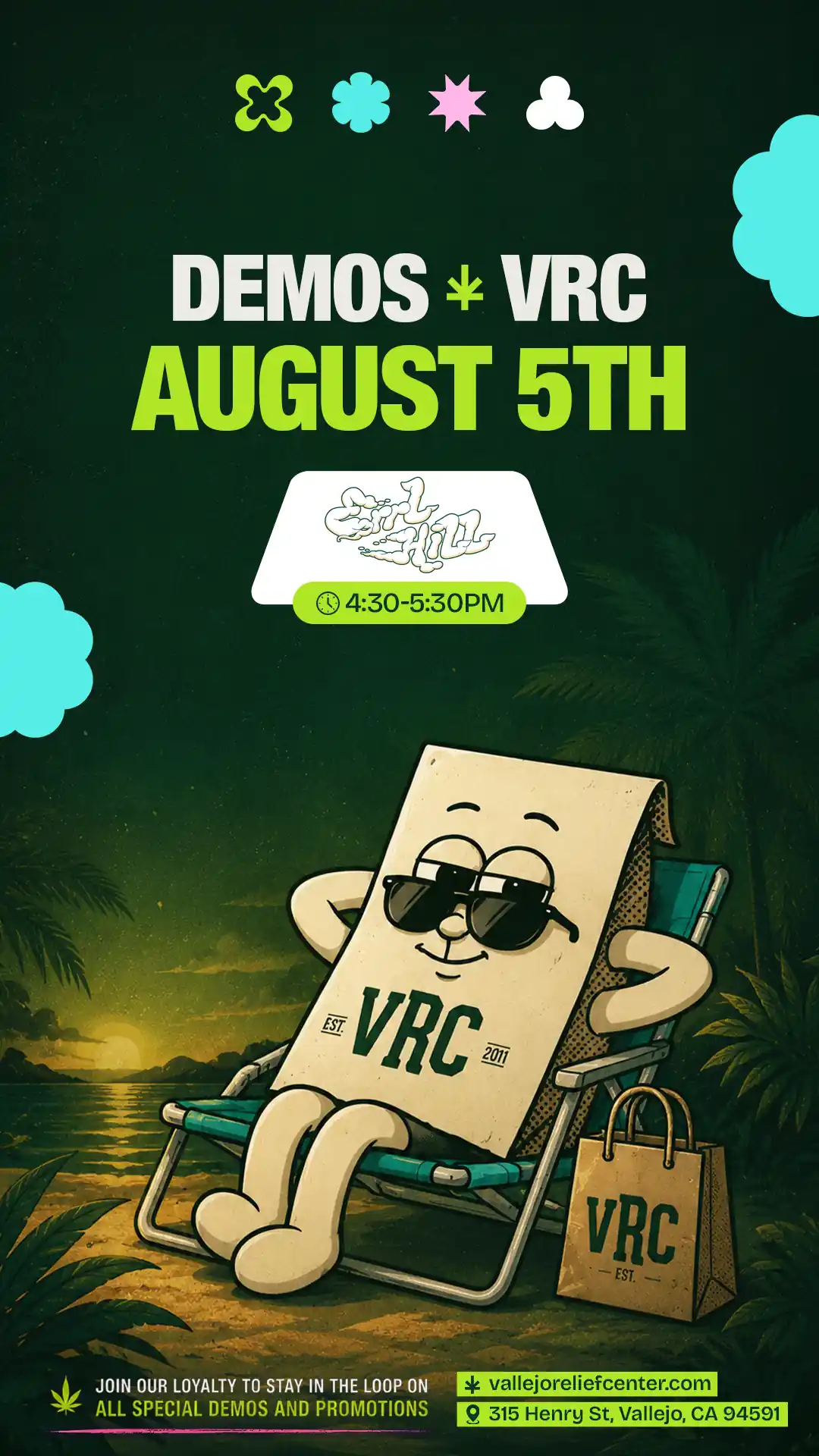 August 5th demo flyer for Errl Hill, 4:30 – 5:30PM, showing VRC's paper bag mascot kicked back in a beach chair at dusk.