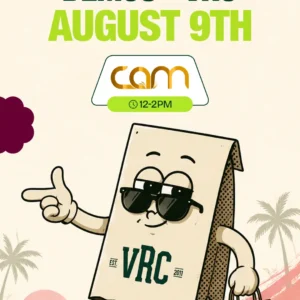 Midday demo with CAM, August 9th, 12 to 2PM. VRC's mascot strolls a pastel retro shoreline, tote bag in hand.