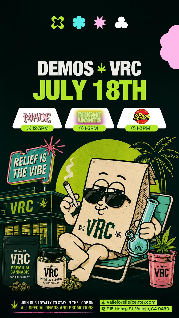 VRC brand demos July 18 featuring MADE 12-3pm, Bright Lights and 3Bros 1-3pm at Vallejo Relief Center