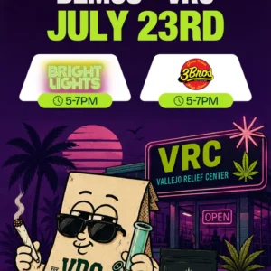 Bright Lights and 3Bros demo flyer for July 23 5-7pm at VRC dispensary Vallejo with retro purple sunset design