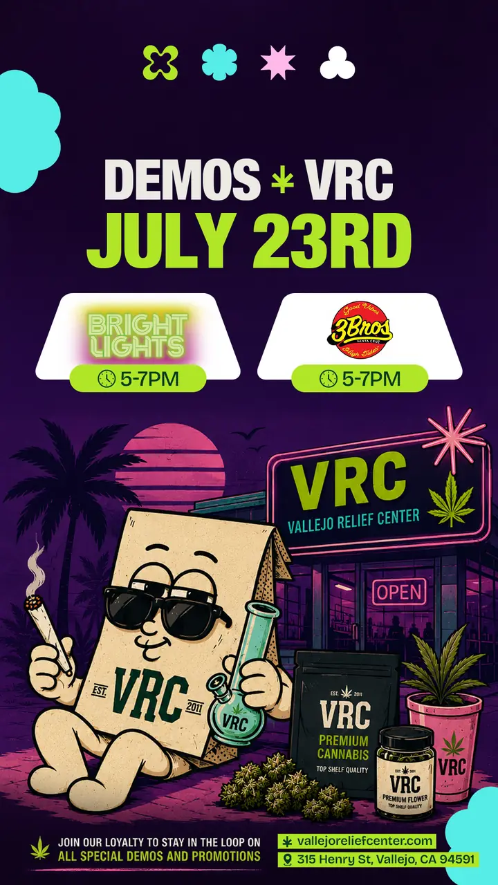Bright Lights and 3Bros demo flyer for July 23 5-7pm at VRC dispensary Vallejo with retro purple sunset design