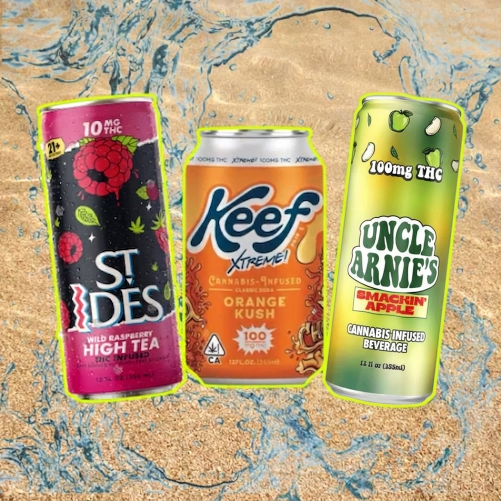 vrc-drinks-landing-page-product-highlights Three diverse canned cannabis-infused beverages—raspberry, orange, and apple flavors—are centered on a beach and water splash background, with each can outlined in a bright neon-yellow halo.
