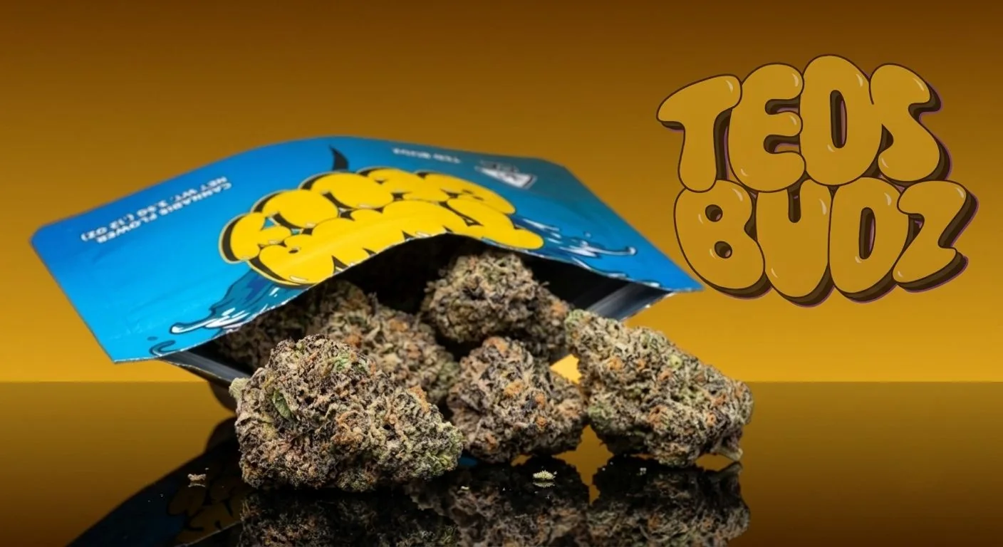 Teds Budz logo beside an open Tuna Belly cannabis bag spilling frosty purple and green buds on a golden background