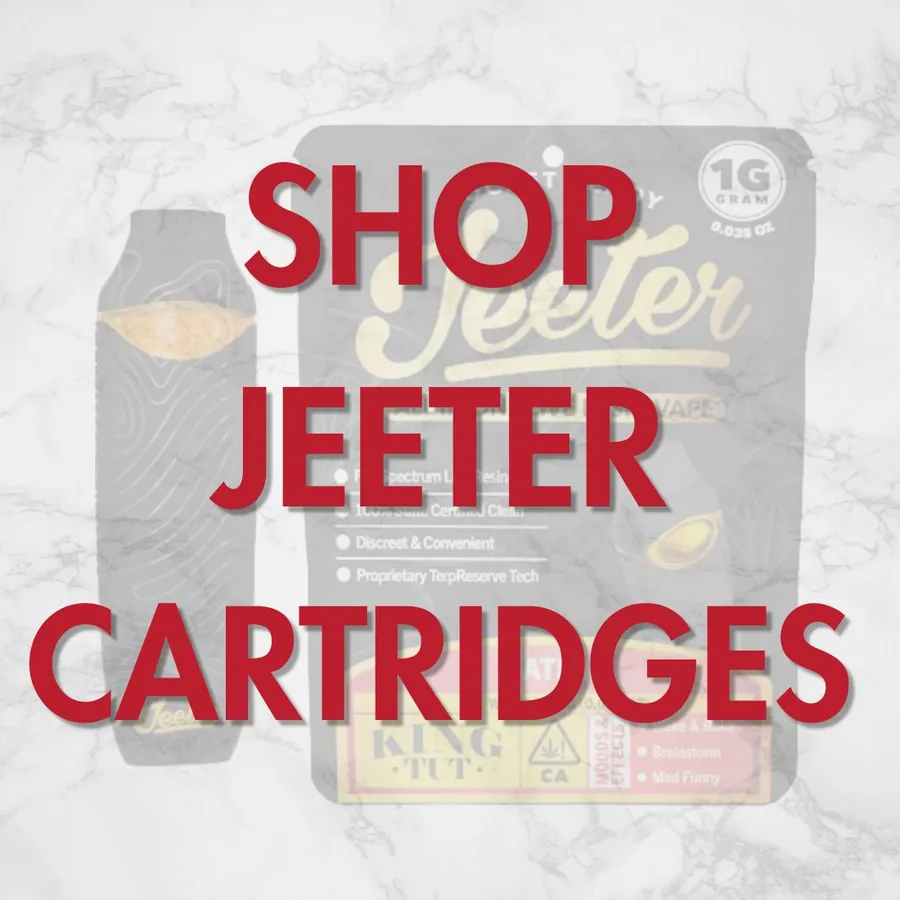 Shop Jeeter cartridges at Vallejo Relief Center with a Triangle Kush cartridge in the background