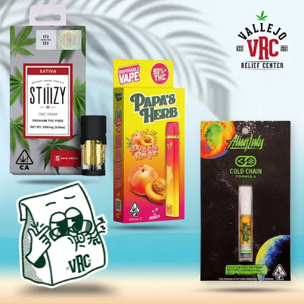 vrc-vape-landing-page-product-highlights Featured vape picks at Vallejo Relief Center including STIIIZY Blue Dream pod, Papa's Herb Peach Ringz disposable, and Alien Labs Cold Chain cartridge.