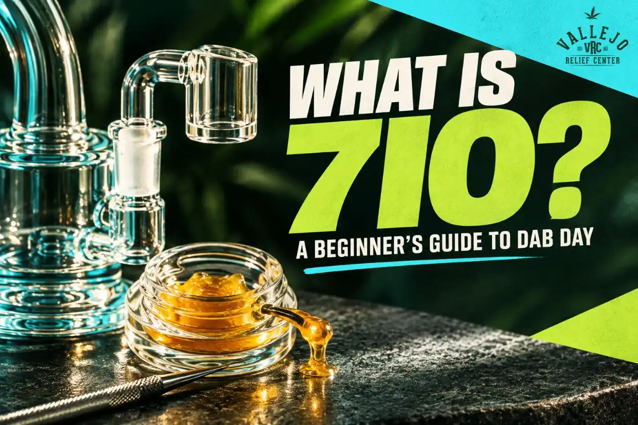 vrc-what-is-710-dab-day-hero-image Beginner’s guide to 710 from Vallejo Relief Center, illustrated with a clear glass dab rig, a jar of golden concentrate, and a dab tool resting on dark stone
