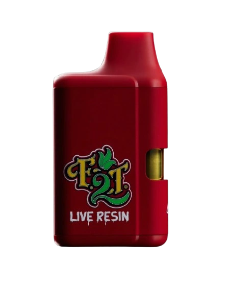 Red F2T Live Resin disposable Fantasy Melon Smoovie vape device with green and gold cartoon lettering logo as a part of the budtenders picks for September
