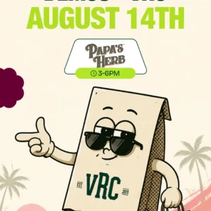 VRC demo day poster for August 14: Papa's Herb vendor demo, 3 to 6PM at Vallejo Relief Center