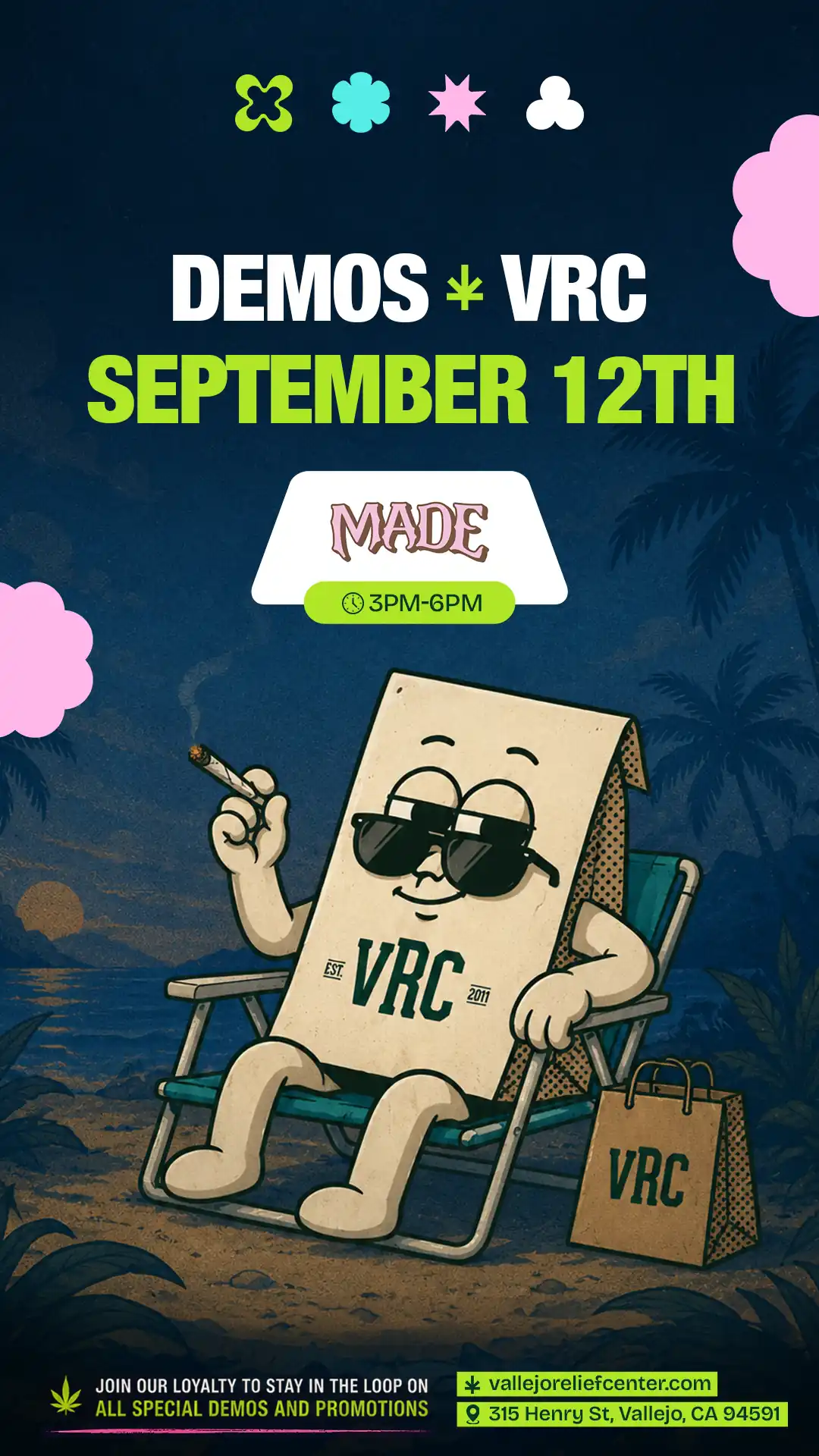 Lounging beachside as the sun sets behind the hills, the VRC mascot promotes the MADE demo on September 12th, 3 to 6PM.