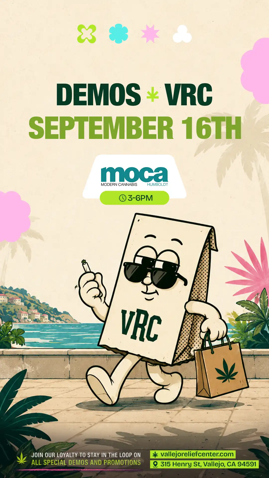 The paper-bag mascot walks a coastal path with a shopping bag in hand, marking the MOCA Humboldt demo at VRC on September 16th, 3 to 6PM.