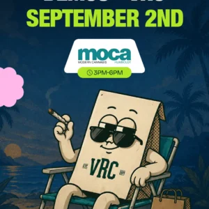 Relaxed in a beach chair under a starry dusk sky, the VRC mascot fronts the MOCA Humboldt demo on September 2nd, running 3 to 6PM.