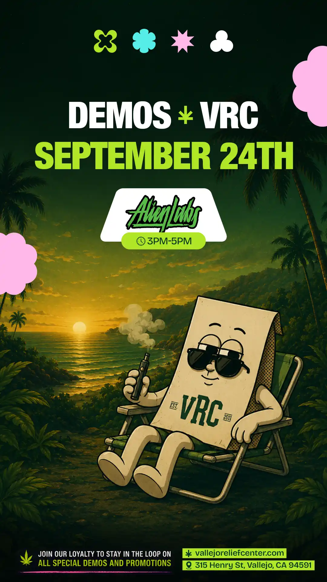 Under a glowing tropical sunset, the VRC mascot holds a vape pen for the Alien Labs demo on September 24th, a shorter 3 to 5PM window.