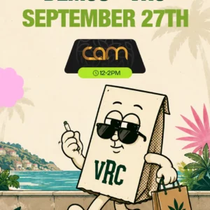 A grinning paper-bag mascot strolls a seaside promenade holding a joint and a VRC shopping bag, promoting the CAM demo at Vallejo Relief Center on September 27th, noon to 2PM.