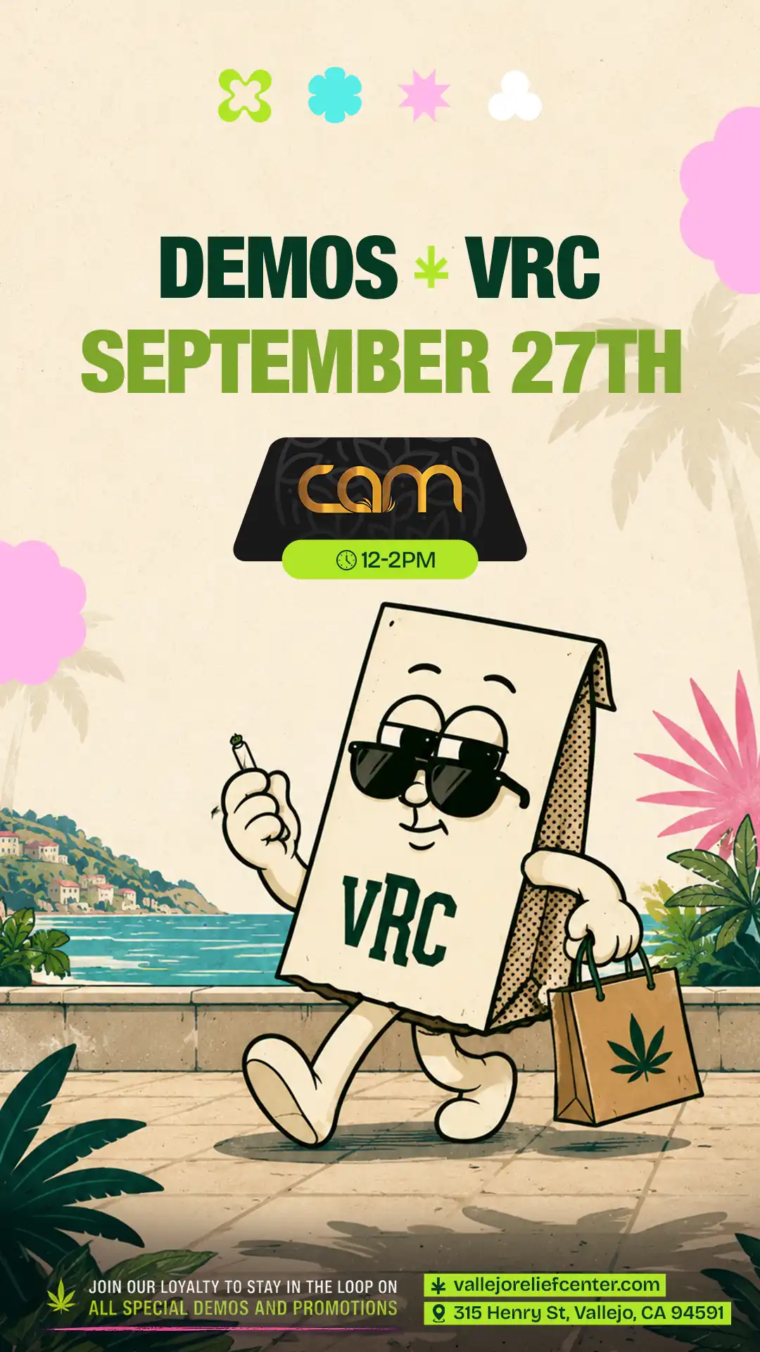A grinning paper-bag mascot strolls a seaside promenade holding a joint and a VRC shopping bag, promoting the CAM demo at Vallejo Relief Center on September 27th, noon to 2PM.