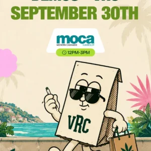 A cartoon paper bag character in sunglasses strolls along a seaside promenade holding a lit joint and a leaf-printed VRC shopping bag, promoting VRC's September 30th MOCA Modern Cannabis Humboldt demo from 12PM-3PM, with a coastal village and palm trees in the background