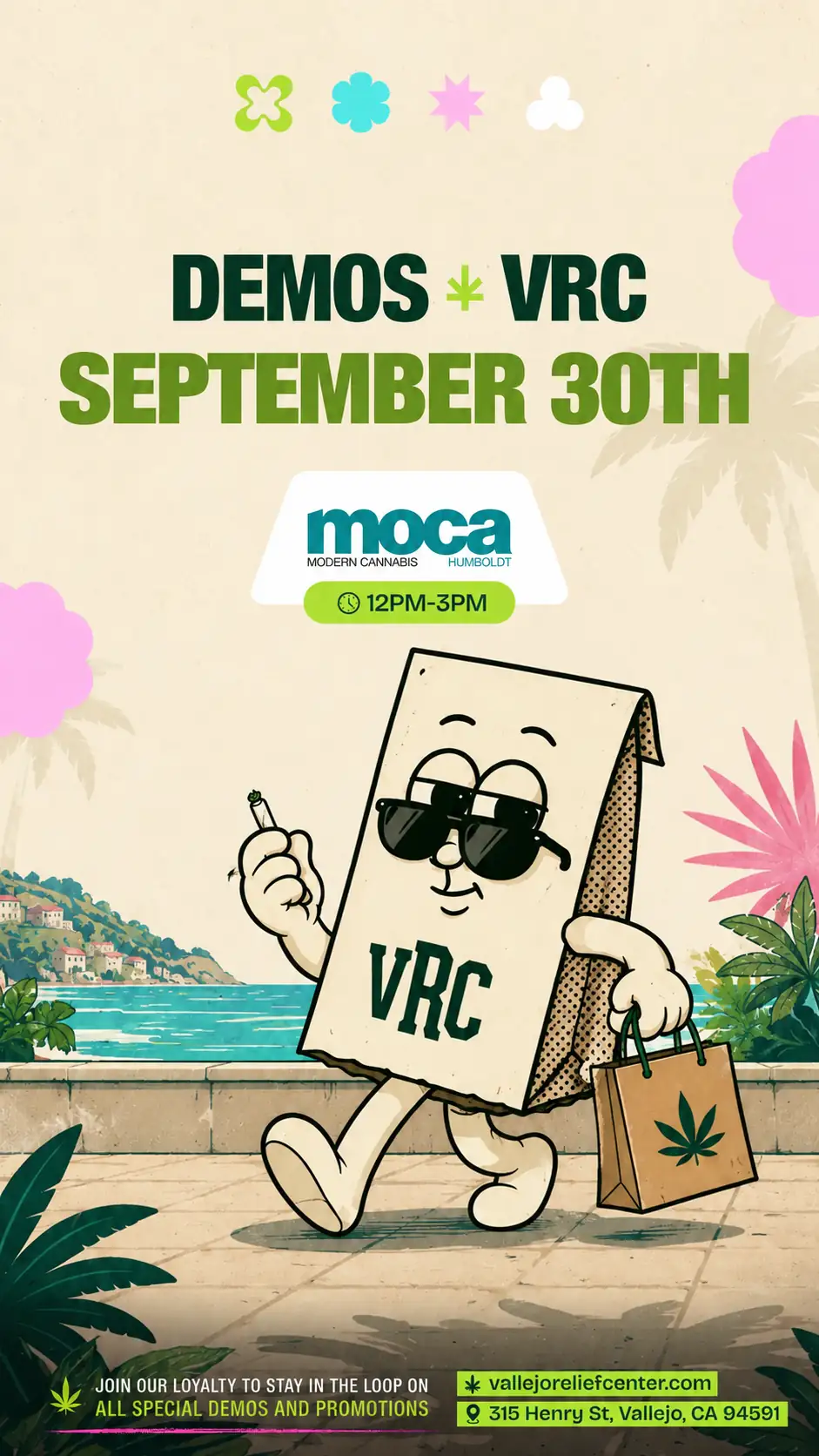 A cartoon paper bag character in sunglasses strolls along a seaside promenade holding a lit joint and a leaf-printed VRC shopping bag, promoting VRC's September 30th MOCA Modern Cannabis Humboldt demo from 12PM-3PM, with a coastal village and palm trees in the background