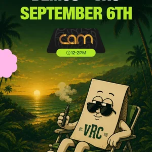 Vape in hand against a moody green dusk backdrop, the VRC mascot announces the CAM demo on September 6th, a midday slot from 12 to 2PM.