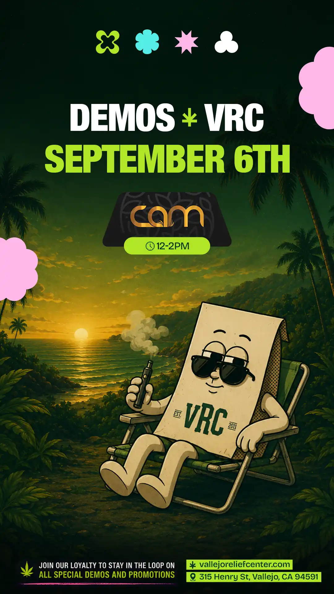 Vape in hand against a moody green dusk backdrop, the VRC mascot announces the CAM demo on September 6th, a midday slot from 12 to 2PM.