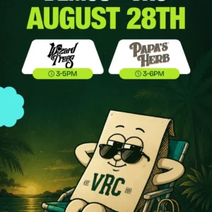 VRC demo day poster for August 28 with Wizard Trees 3-5PM and Papa's Herb 3-6PM. The VRC paper bag mascot wears sunglasses and reclines in a teal beach chair at sunset