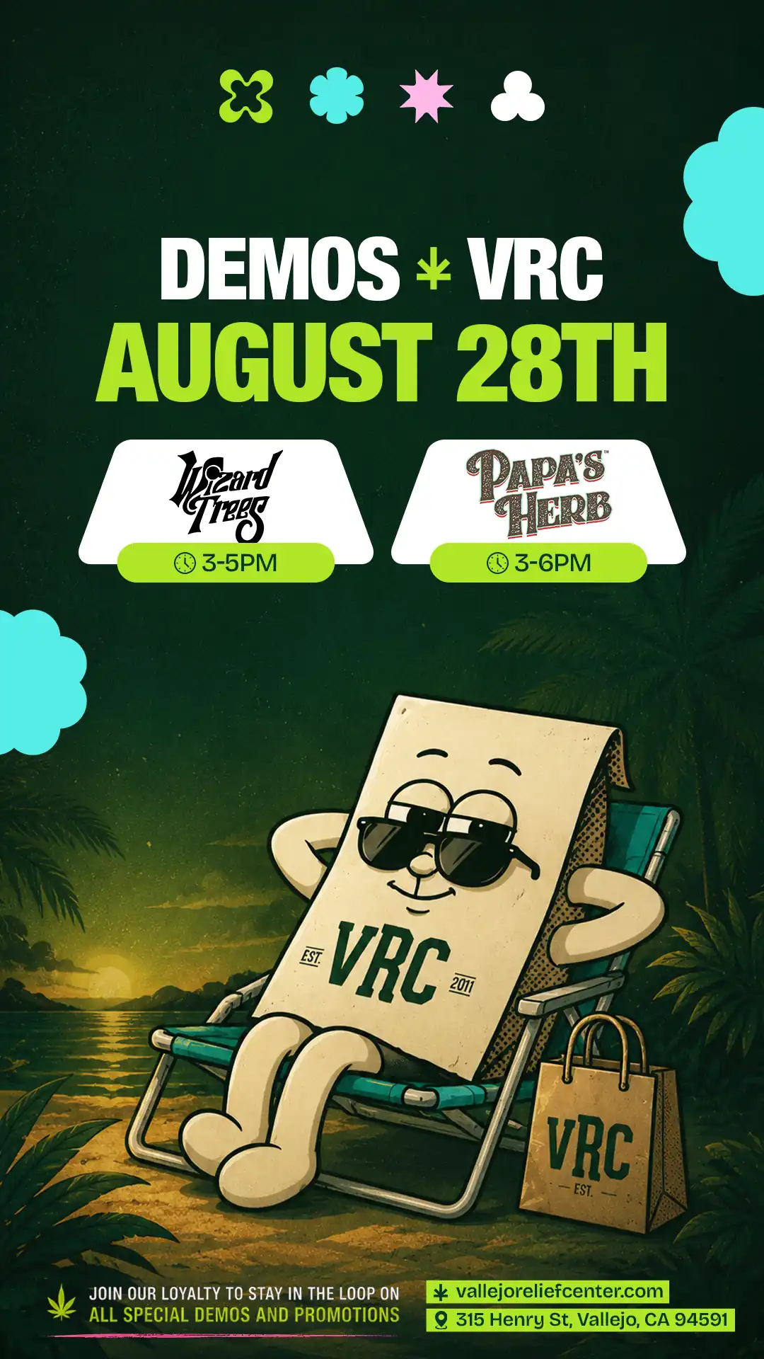 VRC demo day poster for August 28 with Wizard Trees 3-5PM and Papa's Herb 3-6PM. The VRC paper bag mascot wears sunglasses and reclines in a teal beach chair at sunset