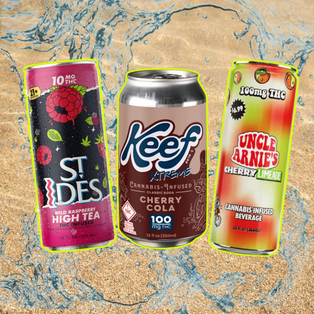 vrc-drinks-landing-page-updated-product-highlights Three refreshing cannabis beverages chilling in a splash of water and sand — raspberry tea, cherry cola, and cherry limeade options at Vallejo Relief Center