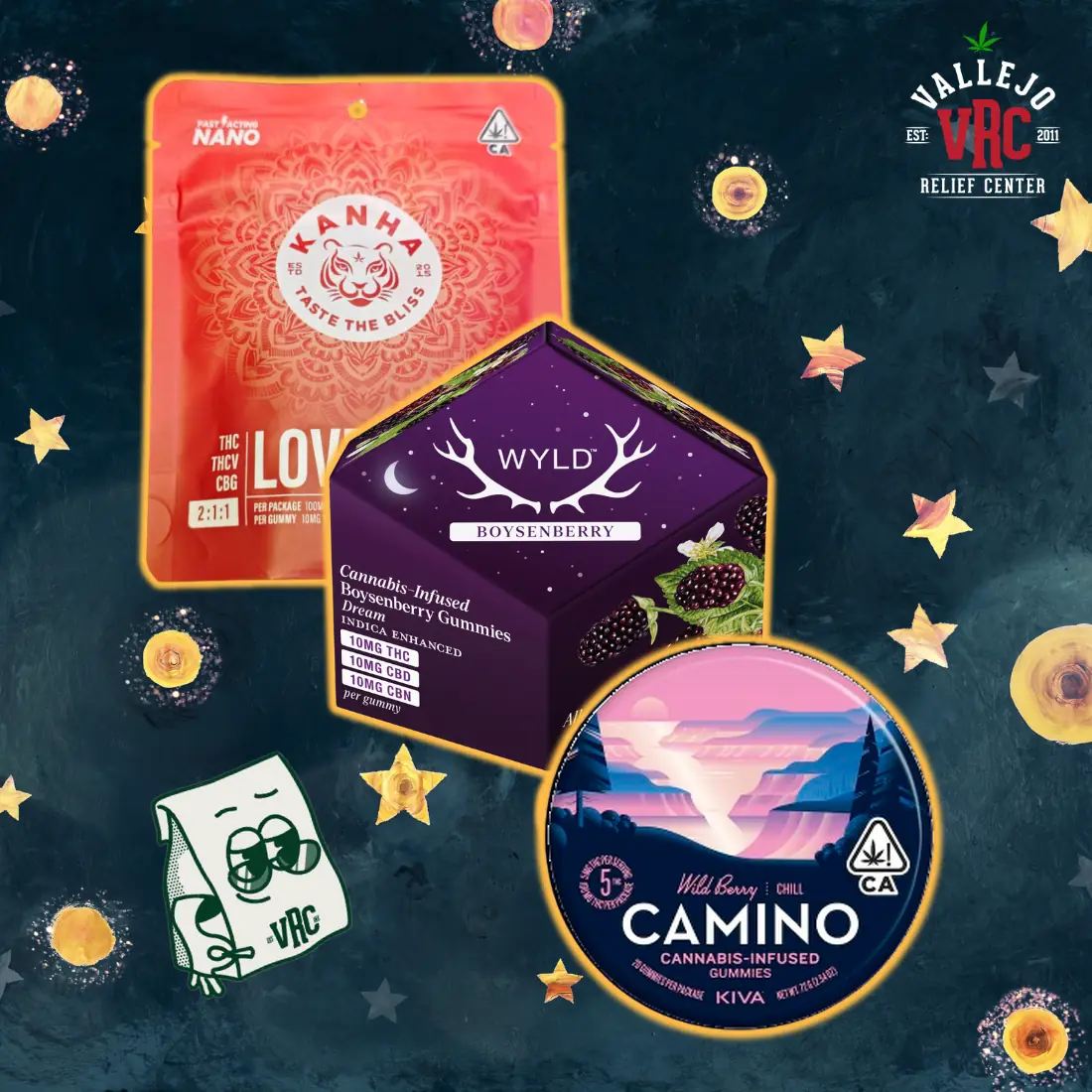 vrc-edibles-landing-page-updated-product-highlights Cannabis-infused gummies from WYLD (Boysenberry), Camino (Wild Berry), and Kanha (Love, THC/THCV/CBG) in starry night-themed packaging