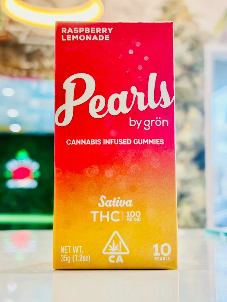 Red-to-yellow gradient box of Pearls by Grön Raspberry Lemonade cannabis-infused pearl gummies, 100mg THC, 10 pearls available at VRC