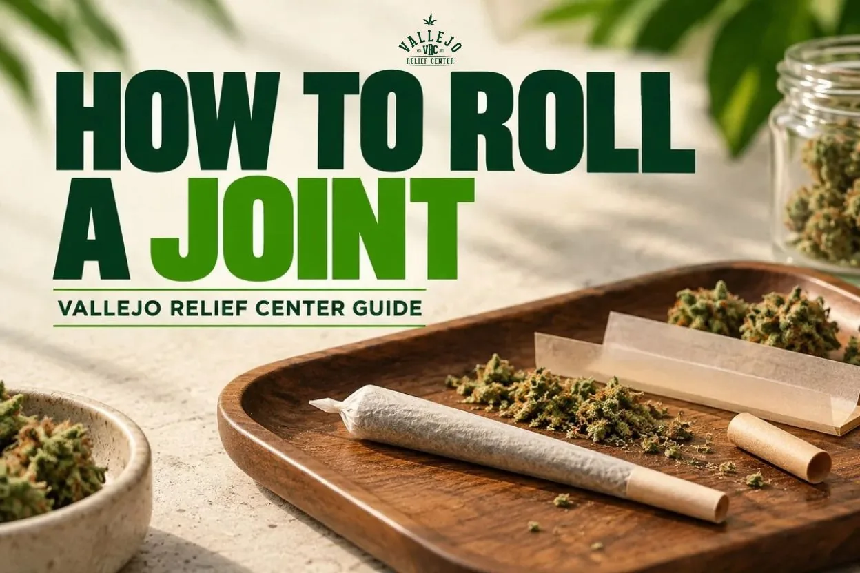 vrc-how-to-roll-a-joint-blog-hero-image Wooden rolling tray holding a finished cone, an unfolded rolling paper, a filter tip, and ground cannabis flower, beside a ceramic bowl and glass jar of buds with VRC logo