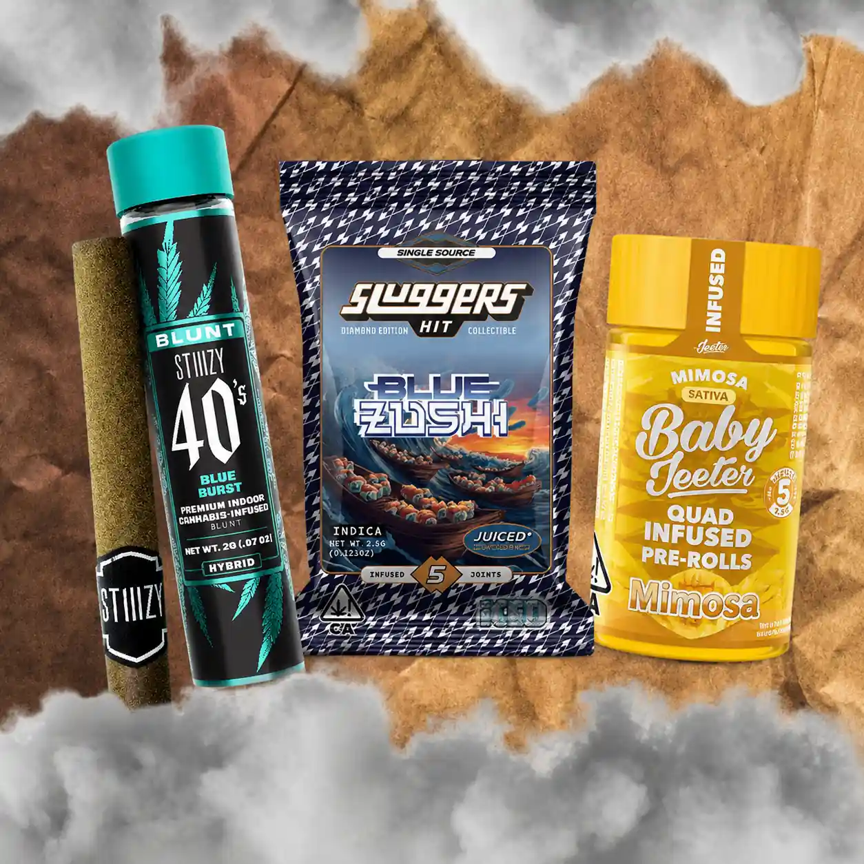 vrc-preroll-landing-page-updated-product-highlight STIIIZY 40's Blue Burst infused blunt, Sluggers Blue Zushi infused pre-roll 5-pack, and Baby Jeeter Mimosa quad-infused pre-rolls, available at VRC