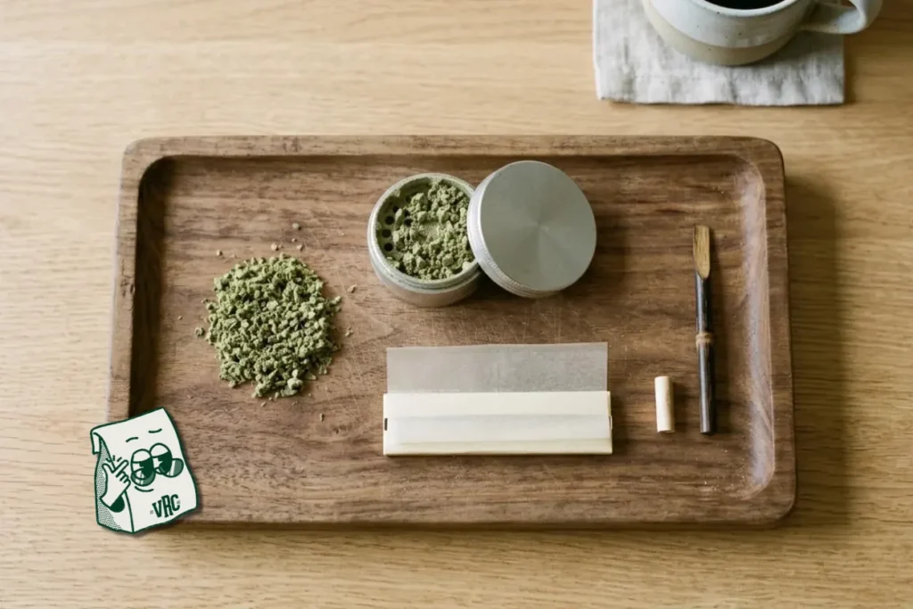Rolling supplies for how to roll a joint including ground flower, grinder, rolling papers, and filter tip on a wooden tray with VRC's baggie