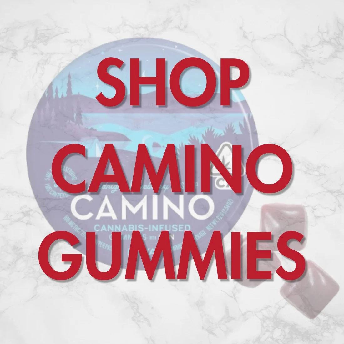 Shop Camino cannabis-infused gummies at Vallejo Relief Center — tin lid shown with mountain lake illustration and loose gummy pieces beside it