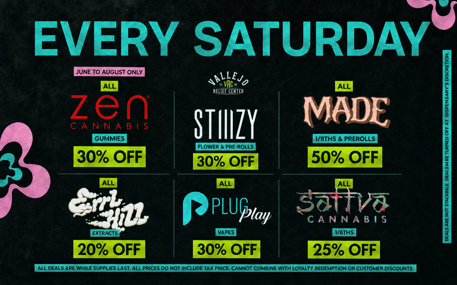 vrc-specials-saturday-august-2026-3 Vallejo Relief Center Every Saturday deals: discounts on Zen, STIIIZY, MADE, Sattva, Plug Play and Errl Hill