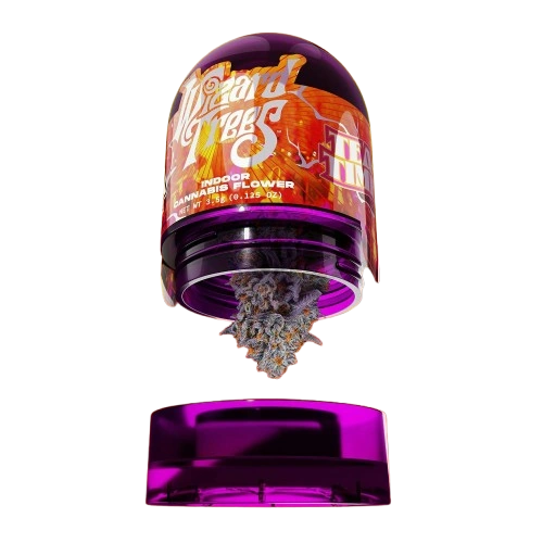 Purple Wizard Trees Tea Party indoor cannabis flower jar, open with lid removed showing frosty bud inside