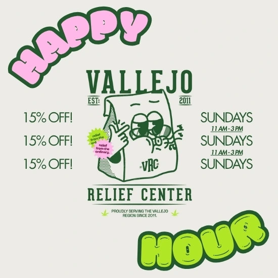 Specials-sliders-Sundays-Happy-Hour-July-2025 Vallejo Relief Center Sunday Happy Hour deal: 15% off all products from 11 AM to 3 PM every Sunday.