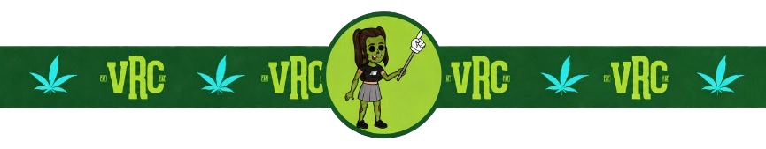 Green VRC banner with cannabis leaf icons and a cartoon zombie girl in a pleated skirt cheering with a foam finger